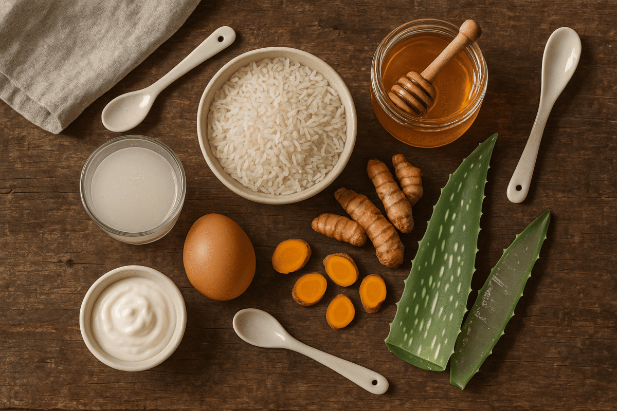 Flat lay các nguyên liệu làm đẹp thiên nhiên: gạo, mật ong, nghệ, nha đam, sữa chua, trứng.