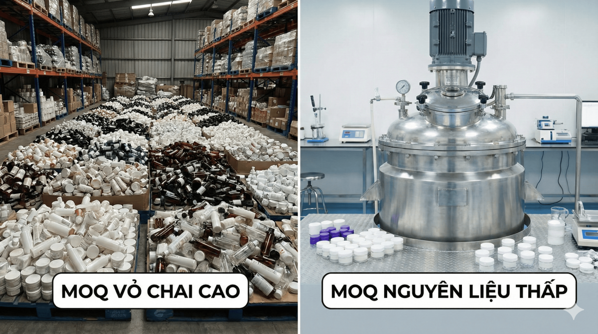 MOQ Là Gì? Chiến Thuật Đàm Phán Số Lượng Đặt Hàng Tối Thiểu Cho Start-up 3 So sánh MOQ vỏ chai lọ và MOQ nguyên liệu trong gia công mỹ phẩm.