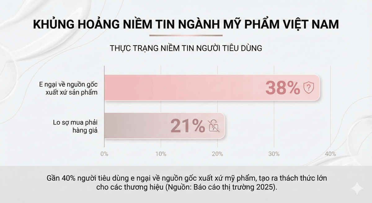 Một biểu đồ tròn hoặc cột thể hiện 2 con số: 38% e ngại nguồn gốc và 21% lo sợ hàng giả.