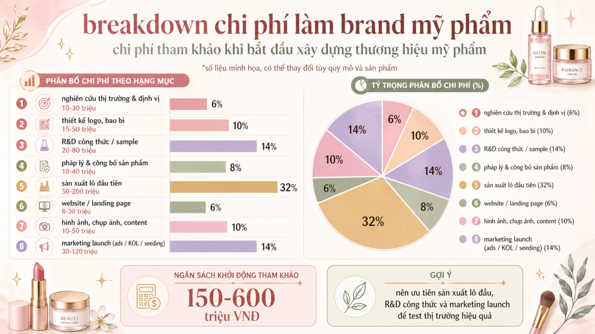 Cách làm thương hiệu mỹ phẩm riêng: 7 bước thực chiến từ A-Z 14 chi phí làm thương hiệu mỹ phẩm riêng từ A-Z